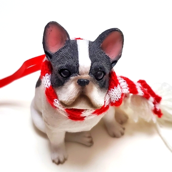 Christmas Tree Ornament Adorable French Bulldog Pup Figurine Red & White Scarf - Picture 14 of 16